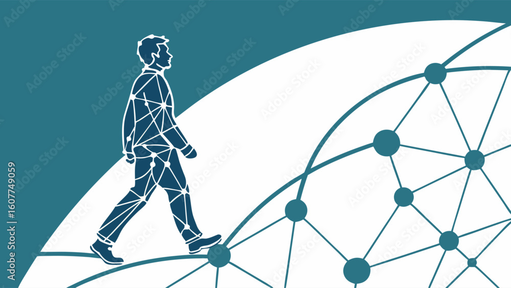 Poster digital man walking on interconnected global network: abstract representation of technology, progres