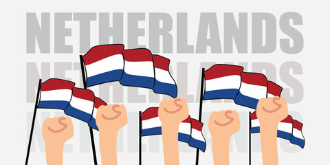 hand with flag of the Netherlands or Netherlands independence day vector illustration of Netherlands flag with gray background banner or greeting card
