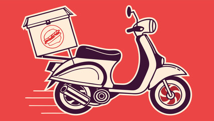 Retro Scooter Food Delivery Service Illustration on Red Background - Vintage Moped with Meal Box Icon for Quick Takeaway or Restaurant Delivery Con...