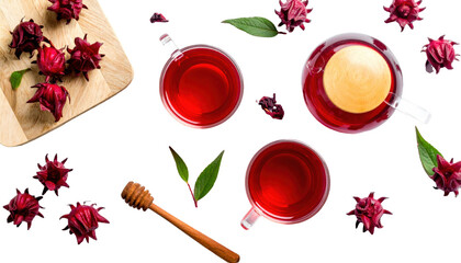 Roselle herbal tea with honey in glass cup on white background top view png