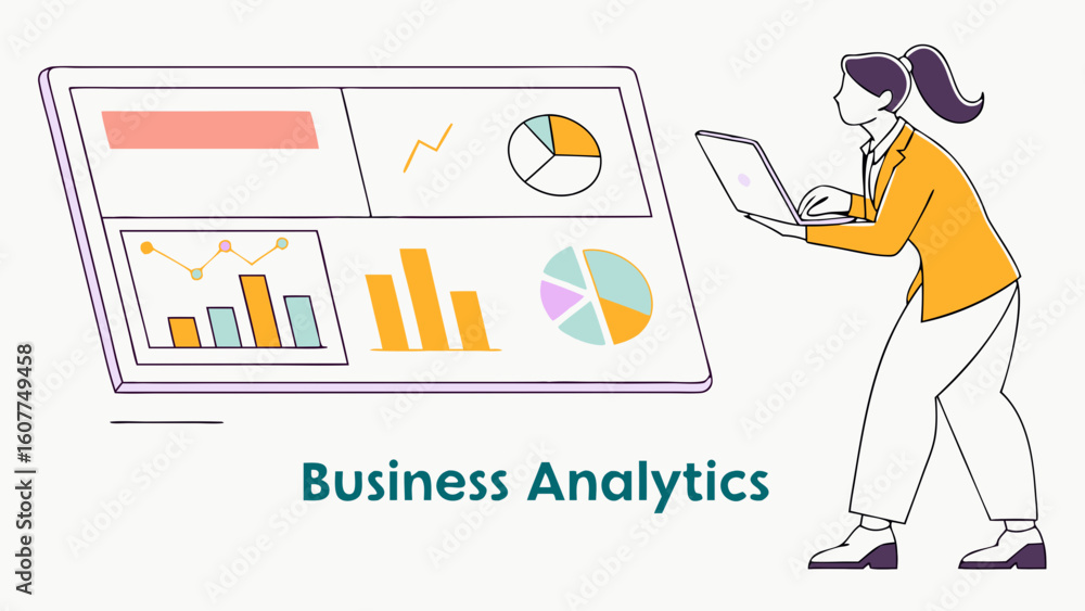 Poster business analytics and data visualization concept: professional woman analyzing digital charts and g