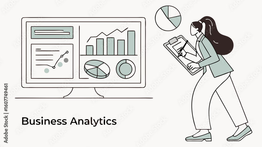 Poster professional woman analyzing business analytics data on computer monitor with charts and graphs, fla