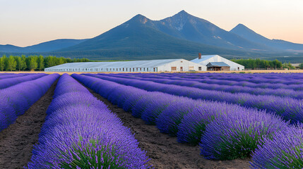 Lavender field with greenhouse and mountains in the background