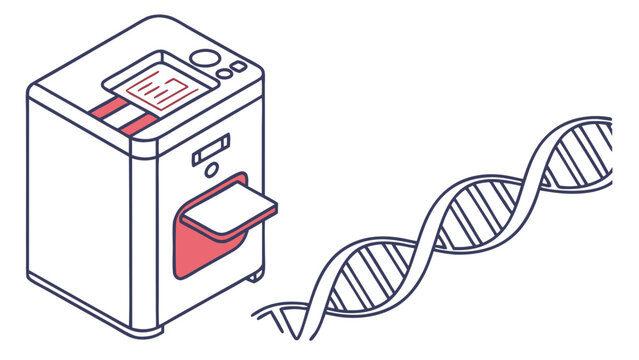 Genetic Testing Machine with DNA Double Helix Illustration. Genomic Sequencing Technology for Medical Research and Personalized Medicine Concept.