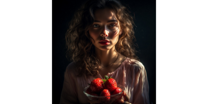 A portrait of a woman holding a bowl of strawberries against a dark background.