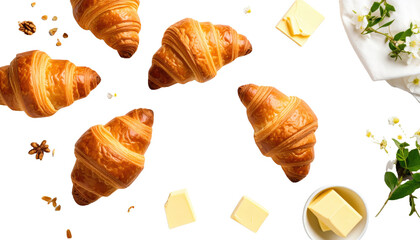 top view Fresh croissant with butter on white background png