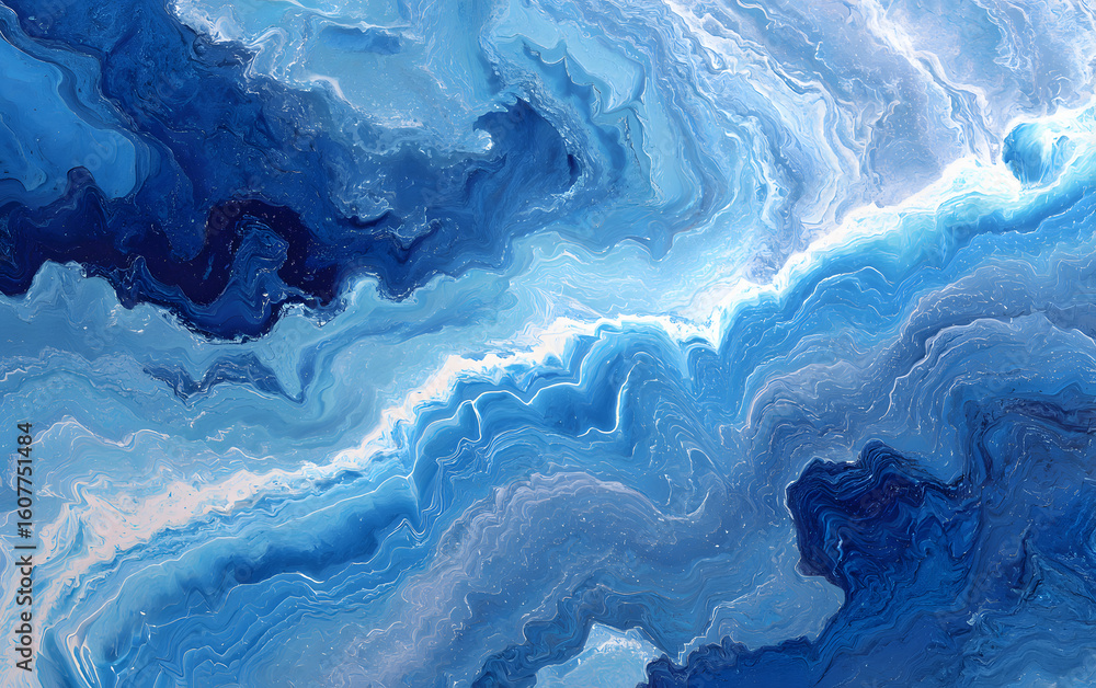 Poster layers of blue and white waves overlapping in an artistic fluid abstract composition