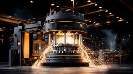 This image showcases a high-tech machine generating sparks in a modern industrial facility.