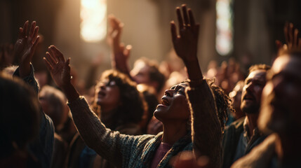 People raising hands in worship inside a church, bathed in warm light.