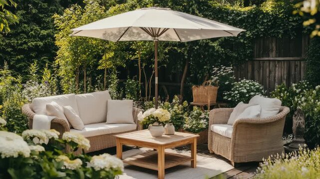 A cozy garden patio with wicker furniture and a parasol, captured from a slightly elevated angle, perfect for a relaxing outdoor video setting. Live desktop wallpaper.