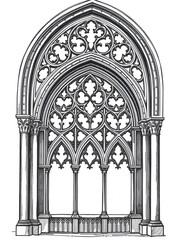 Gothic decorated arcade drawing. Stone ornamented triforium illustration.