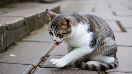 Gray and white undomestic cat sitting on stone sidewalk and washing paw with tongue.