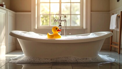 A cute rubber duck floats in a foamy vintage bathtub, surrounded by luxurious bathroom details that blend charm, nostalgia, and elegance.