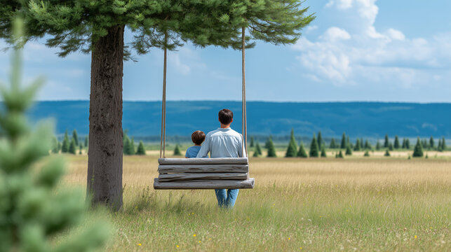 A father and son share a special moment on a wooden swing in a tranquil meadow. - Powered by Adobe
