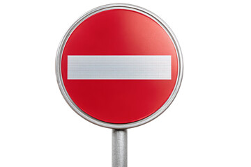 Red circular prohibitory road sign with a white horizontal bar