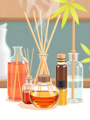 Aroma diffusers. Home perfume liquids and essential oils, interior fragrance aromatic diffusers with bamboo sticks, flat vector illustration. Aromatherapy diffuser glass jars on white