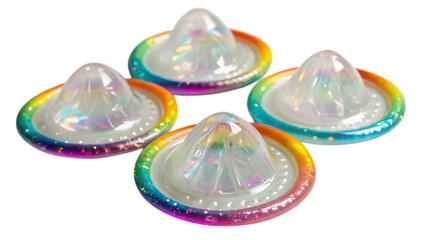 Four rainbow colored condoms arranged in a diamond formation isolated on transparent background