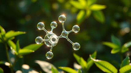 An artistic representation of a transparent photosynthesis molecule, with light particles striking it, set against a lush green background, highlighting plant biology. 8k