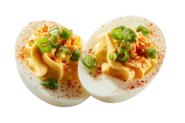 Two deviled eggs, halves of hard-boiled eggs filled with creamy yellow mixture, topped with chopped green onions and red spice