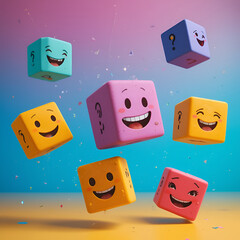 Colorful cubes showing different positive emotions floating on vivid background