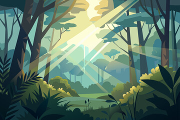 Abstract Sunlight Beams Piercing Through Forest Mist