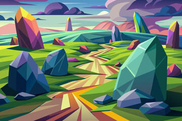 Colorful Stone Field with Polygon Boulders and Moss