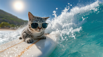 A gray cat wearing sunglasses surfs on a surfboard with ocean waves.