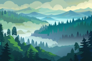 Selbstklebende Fototapeten Grün Blau Deep Forest Edge Viewed from Top with Mist Layers  © Santona