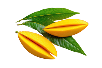 Two mango slices, vibrant yellow, rest on lush green leaves