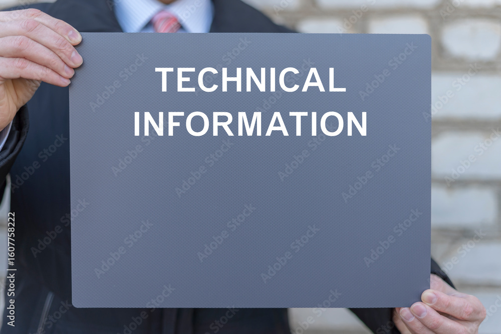 Poster business person holding gray banner with inscription: technical information. technical professional 