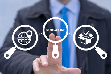 Geocaching International Navigation Treasure Search Game Business Concept. Business person using...