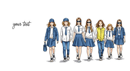 Obraz premium New school uniform collection features fashionable students in classic attire. Stylish new school uniform includes skirts, pants, ties, and jackets.