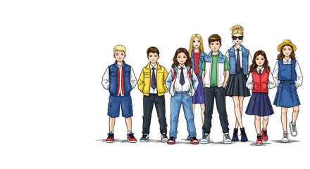 Fototapeta premium Group of children in new school uniform poses for picture, showing off coordinated outfits for school year. New school uniform represents positive beginning to learning journey.