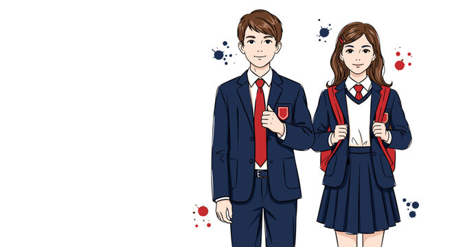 New school uniform with blazer, red tie, and backpacks worn by students. This new school uniform embodies style and tradition, creating a sense of belonging. New school uniform shown,