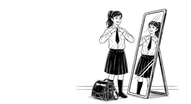Girl in new school uniform adjusting tie in front of mirror, feeling excited and confident. New school uniform with white shirt and black skirt reflects a sense of readiness for academic pursuits.
