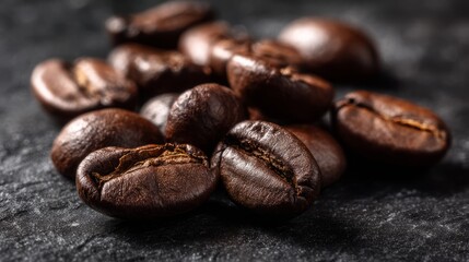 Fototapeta premium A macro shot of roasted coffee beans with textured details on a dark slate background. 