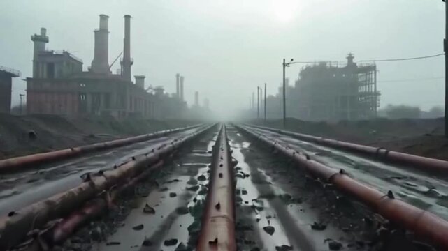 Industrial landscape with multiple parallel pipelines and distant factory buildings under a gloomy sky