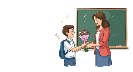Kid giving teacher flowers as gift, illustration of a student presenting bouquet to educator. Teacher getting flowers from kid, illustration for educational resources like posters, cards, or banners.