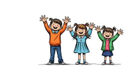 Children waving goodbye happily presented as a colorful illustration on white background. Children waving goodbye embody joy and togetherness in a playful way.