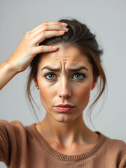 Dissatisfied stressed depressed young woman touch forehead worried about skin wrinkle isolated on studio background, cosmetology botox injection anti aging cream concept, cosmetology facial treatment