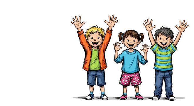 Children waving goodbye, cheerful friends expressing positive emotion and excitement with raised arms. Children waving goodbye joyfully, representing friendship and youthful enthusiasm,