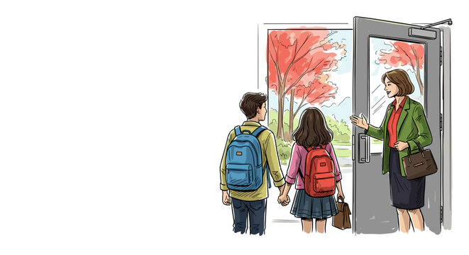 Children entering school building with backpacks and teacher welcoming students back to school. Depicts children entering school building holding hands, ready for the first day,
