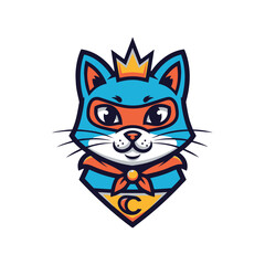 Cool and brave blue superhero cat mascot logo, wearing a mask, crown, and cape with the letter 'C'.