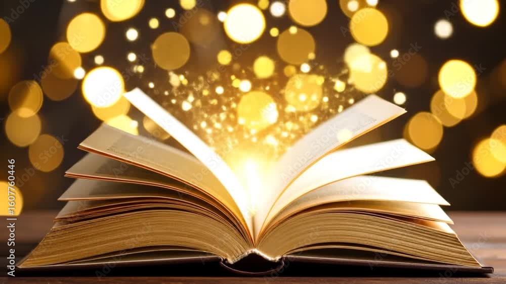 Poster open book with golden light and bokeh background on wooden table fantasy and magic glowing pages wit