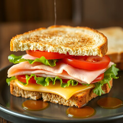 Vsai toast, cheese, tomato, lettuce and ham flying and composing a sandwich