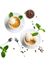 Fresh affogato espresso with vanilla ice cream on white table top view png