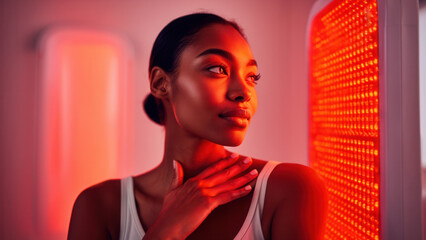 Woman in red light therapy session, standing near LED panel, wellness and skincare treatment, photobiomodulation for rejuvenation, infrared beauty technology in use