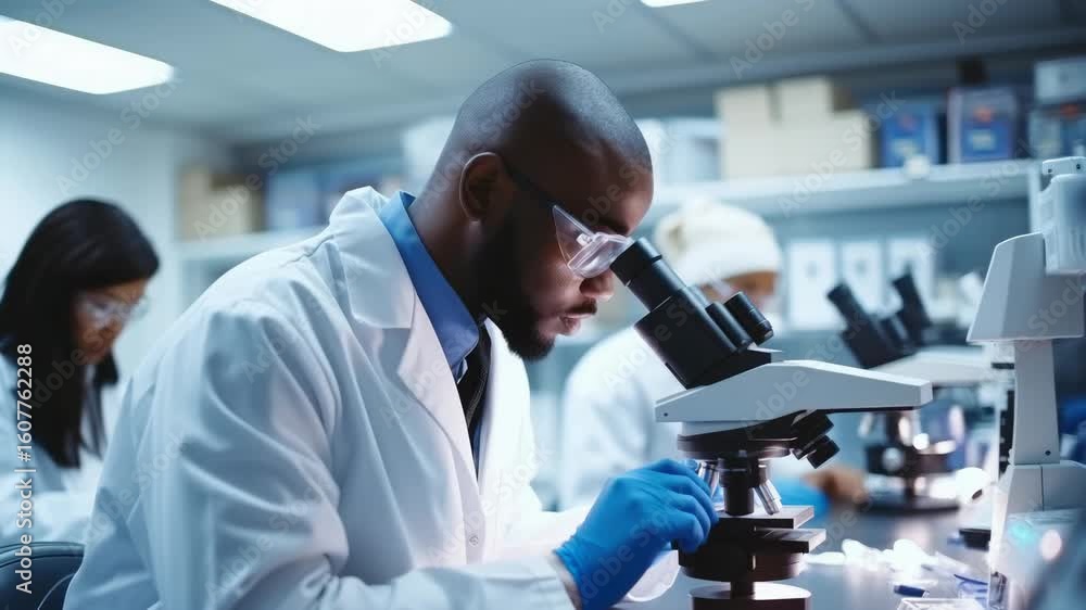 Poster a scientist in a lab coat focuses on a microscope, captured in a side angle. the video conveys a sen