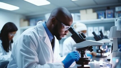 A scientist in a lab coat focuses on a microscope, captured in a side angle. The video conveys a sense of precision and scientific exploration. Live desktop wallpaper.