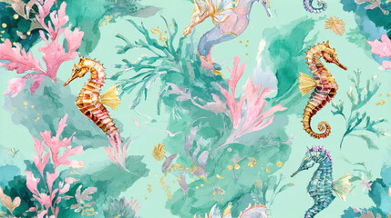 Underwater fantasy pattern in watercolor teal and coral representing marine habitat with copy space [with copy space]